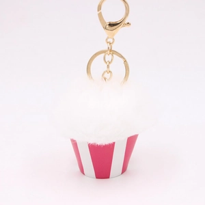 Detail of plush cupcake keychain with white faux fur cream and pink striped base