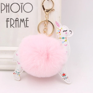 Cute pink plush alpaca keychain with PU leather deer charm and gold metal lobster clasp