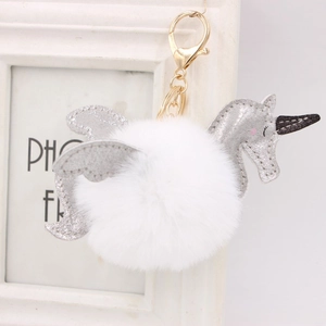 Gros plan du porte-clés licorne en peluche avec ailes pailletées et fermoir doré