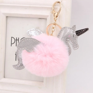 Détail d'un porte-clés licorne en fourrure rose avec ailes pailletées et fermoir doré