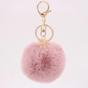 Faux rabbit fur ball keychain with rhinestone cube in lotus pink and golden hardware