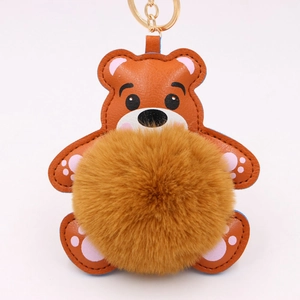 Porte-clés ours en peluche mignon avec boule de fourrure marron et anneau doré
