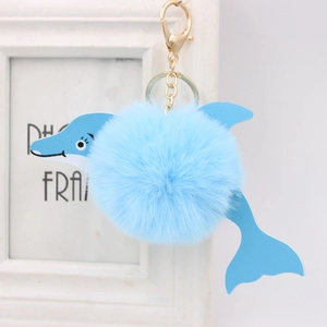 Cute Dolphin Plush Ball Keychain Faux Rex Rabbit Fur Animal Bag Charm With Gold Alloy Key Ring For Women Girls Accessory