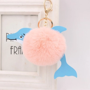 Cute dolphin plush pompom keychain with blue faux leather and gold lobster clasp