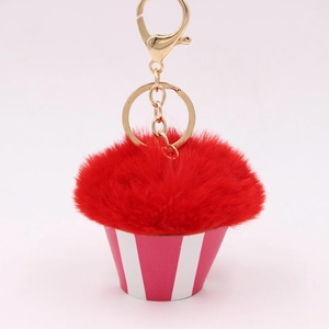 Sweet Cupcake Plush Pompom Keychain For Women Artificial Fur Cake Bag Pendant With Gold Alloy Ring Decorative Accessory Gift