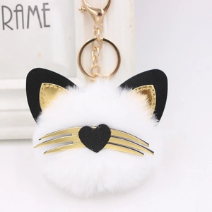 Cute white plush cat fur ball keychain with gold whiskers and heart nose bag charm