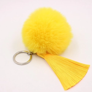 Bohemian bright yellow faux fur pompom keychain with long tassels and silver metal ring