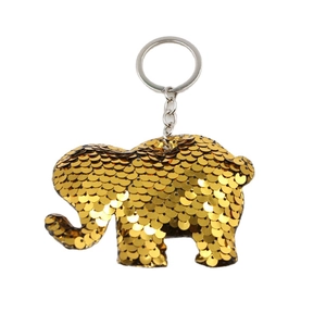 Portachiavi a forma di elefante con paillettes dorate e anello in metallo argento