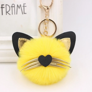 Cute Cartoon Cat Plush Keychain Heart Nose Gold Whiskers Faux Fur Pom Pom Bag Charm Alloy Key Ring Pendant For Women Girls