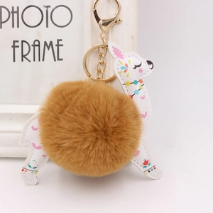 Llama Alpaca Plush Ball Keychain PU Leather Heart Floral Pattern Bag Charm Pendant Jewelry Cute Pom Pom Key Ring