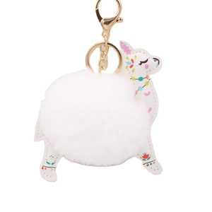 Cute white alpaca plush keychain with patterned PU leather and golden metal lobster clasp
