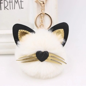 Detail of plush cat keychain showing white fur texture with gold whiskers and heart nose