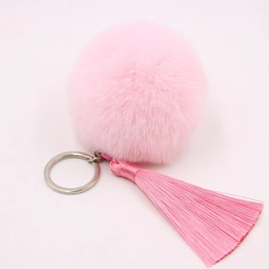 Pink faux fur pompom keychain with long silk tassels and silver ring for bags