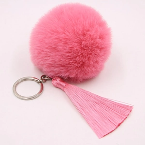 Pink faux fur pom pom keychain with silk tassels and silver ring for bags and car keys