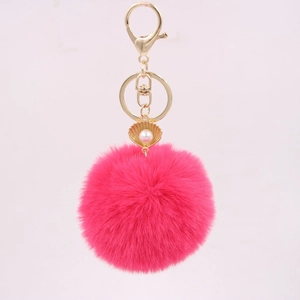 Deep pink faux fur pompom keychain with golden shell and pearl charm for handbags