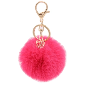 Faux Fur Pom Pom Keychain With Geometric Rhinestone Pendant Fluffy Plush Bag Charm For Women Fashion Car Key Ring Accessory