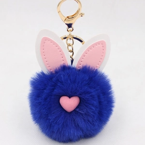 Dettaglio del portachiavi a forma di coniglio blu con chiusura dorata e cuore rosa