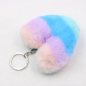 Furry heart keychain with pink purple blue gradient plush and silver metal ring charm