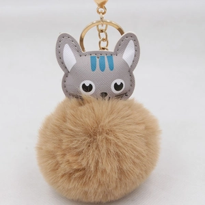 Détail d'un porte-clés chat mignon avec pompon en peluche et fermoir mousqueton doré