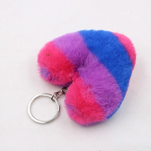 Cute Heart Plush Keychain For Women Colorful Striped Faux Fur Bag Charm Soft Pom Pom Pendant Keyring For Handbag Car Accessory