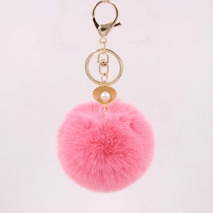 Faux Fur Pom Pom Keychain With Shell Artificial Pearl Decoration Alloy Lobster Clasp Cute Bag Charm For Women Keys Gift