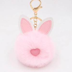 Simpatico Portachiavi a Pompon con Orecchie da Coniglio Lega Pelliccia Sintetica Ciondolo Borsa Cuore Metallo Dorato per Donne Ragazze Accessorio Peluche Regalo