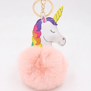Porte-clés Pompon Licorne Mignonne Fourrure Artificielle Cuir PU Pendentif de Sac Animal Dessin Animé pour Femmes Sac à Dos Ornement