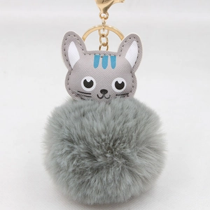 Détail du porte-clés chat en peluche grise avec visage en cuir et fermoir doré brillant