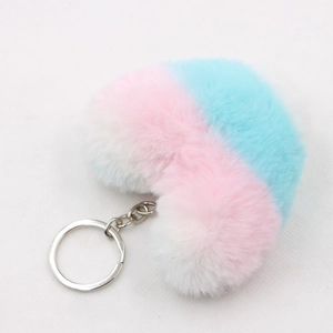 Plush heart keychain with pink blue and white stripes and silver metal ring for bags