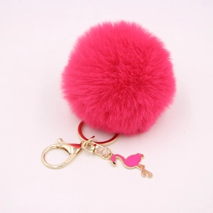 Pink faux fur pompom keychain with gold lobster clasp and metal flamingo charm