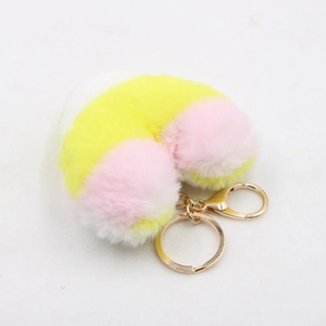 Cute colorful striped plush heart keychain with gold metal ring for women's handbags