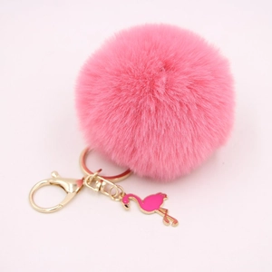 Pink faux fur pompom keychain with golden metal ring and flamingo charm for women bags