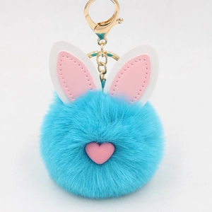 Dettaglio portachiavi a forma di coniglio blu in peluche con cuore e chiusura dorata