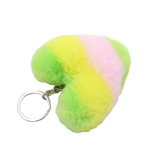 Rainbow heart-shaped plush keychain with green yellow and pink striped faux fur