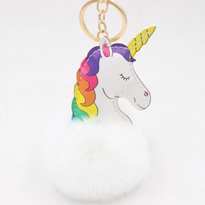 Détail du porte-clés licorne en peluche avec pompon en fausse fourrure blanche et anneau doré