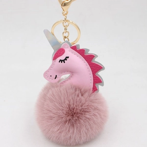 Cute pink unicorn pompom keychain with faux fur ball and golden metal lobster clasp