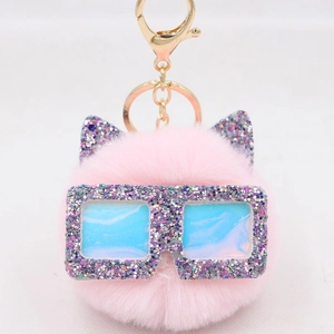 Porte-clés chat en peluche rose avec lunettes à paillettes pour sacs à main