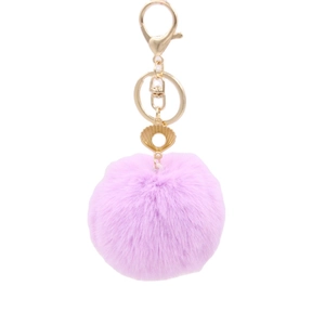 Lavender faux fur pompom keychain with gold shell charm and lobster clasp for handbags