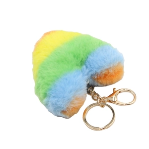 Rainbow striped heart faux fur keychain with gold lobster clasp for bags and keys