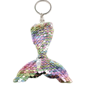 Glittering sequin mermaid tail keychain with silver metal ring on white background