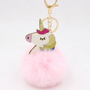 Colorful unicorn plush pom pom keychain with pink faux fur and glitter charm for handbags