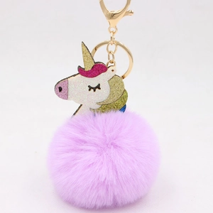Rainbow unicorn faux fur pom pom keychain with gold clasp for women's handbag charms