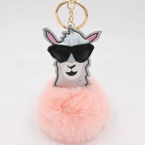 Porte-clés alpaga laser argenté avec lunettes de soleil et pompon rose pour sac