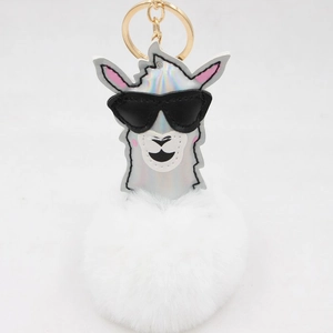 Porte-clés alpaga holographique avec lunettes de soleil et pompon en fourrure blanche