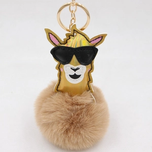 Porte-clés Alpaga Holographique Mignon avec Pompon en Fausse Fourrure pour Femme Pendentif de Sac Llama Lunettes de Soleil Coeur