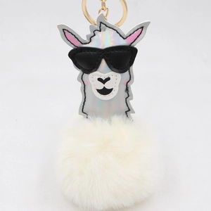 Détail d'un porte-clés alpaga à pompon avec lunettes et texture douce en peluche blanche