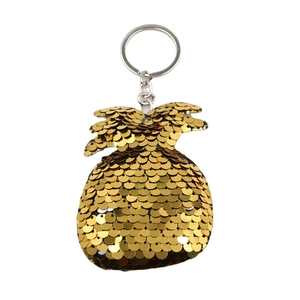 Sparkling pineapple keychain with golden sequins and silver metal ring for women bags