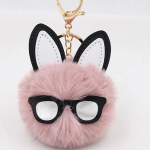 Pink fluffy bunny keychain with cute sunglasses and long ears for handbags