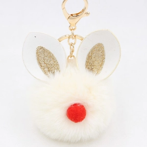 Christmas bunny faux fur pompom keychain with golden ears and metal lobster clasp