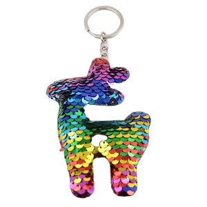 Rainbow reversible sequin alpaca keychain with silver ring on white background
